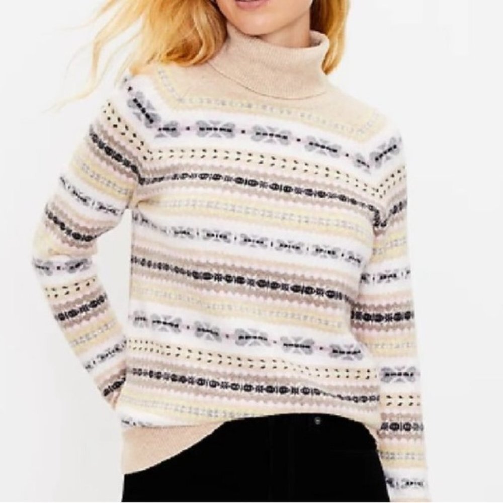 Loft Fair Isle Nordic Turtleneck Pullover Multi-Color Striped Sweater (XL)